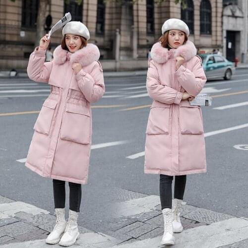 2021 New Winter Korean Fashion Thickened Long White Duck Down Collar Womens Big Fox Fur Collar Hoodies Warm Coats