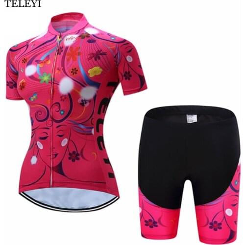 TELEYI Team Womens Bike Clothing Ropa Ciclismo Cycling Girls Short Sleeve Jersey Bib Shorts Suit Sports Wear Red XS-4XL