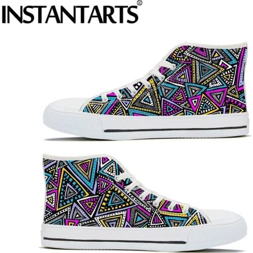 INSTANTARTS 2019 New Autumn Vulcanized Classic High Top Canvas Shoes Women Lace Up Sneaker Tribal Triangles Print Casual Shoes