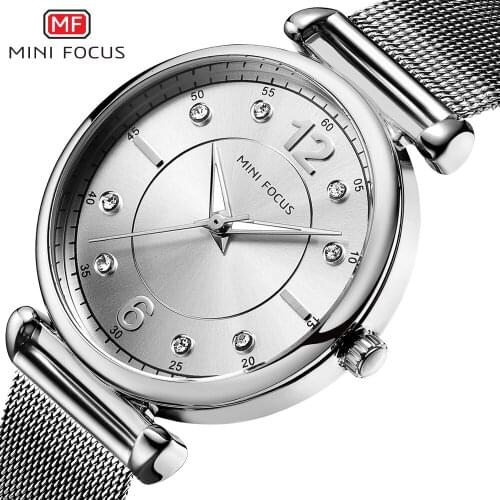 MINI FOCUS Fashion Women Watches Top Brand Luxury Ladies Wristwatches Reloj Mujer Montre Femme Silver Stainless Steel Mesh Strap