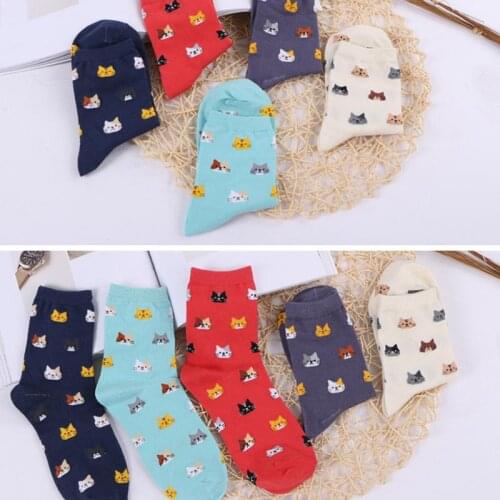 Women Casual Fashionable Women' Breathable Cat Printing Mid Tube Cotton Funny Happy Socks Female Free Size Hot Sale