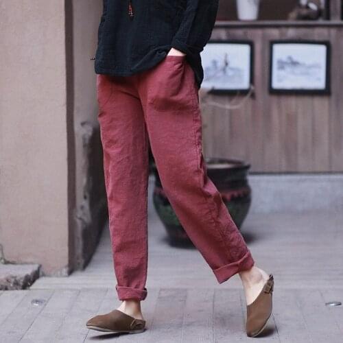 Women Spring Summer Cotton Linen Pants Elastic Waist Retro Trousers For Female Solid Color Ladies Trousers
