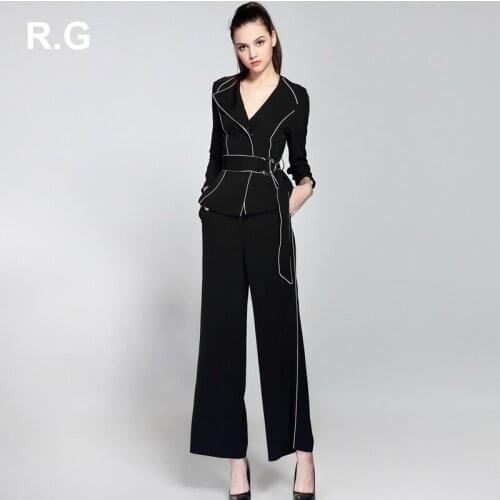 RG Formal OL Business Womens Suit Work Wear Black White Color Block Blazer Wide Leg Pants 2 Piece Set Suit Women Spring Autumn
