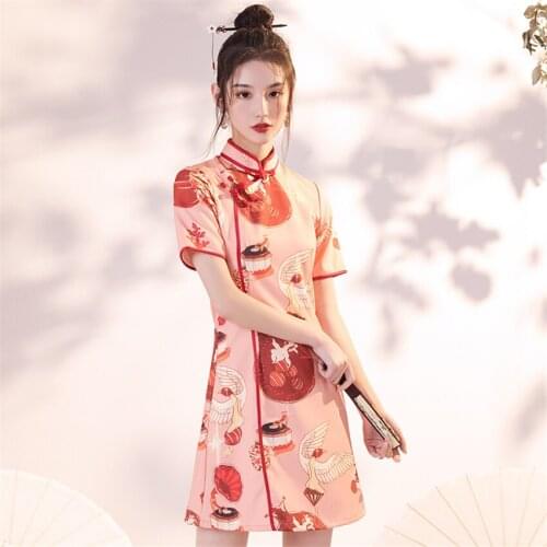 Women Cute Short Skirt Cheongsam Retro Chinese Traditional Clothes Short Sleeve Elegant Qipao Floral Print Slit Party Dresses