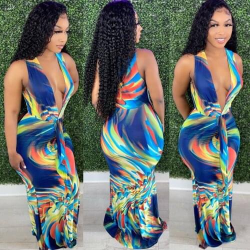 New Regular + 3XL Plus Size Women Party Dress Fashion Printing Contrast Colors V Neck Sleeveless Sexy Club Sheath Dresses