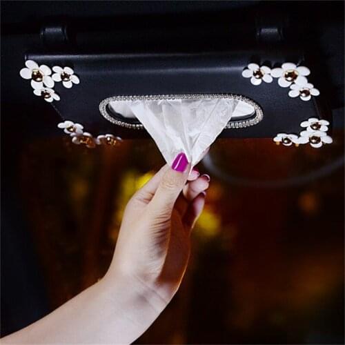 1 Pcs Car Crystal Paper Box with Chrysanthemum Crystal Tissue Box Interior Decoration Accessories for Sun Visor Type