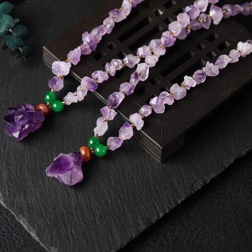 1PC Natural Crystal Stone Necklace Fashion Mineral Sweater Chain Purple Tooth Pendant Necklace Healing Reiki Gift For Women