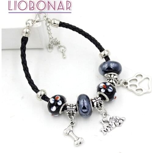 10PCS Braid Leather Bracelet Lampwork Murano Glass Bead I love dog paw print Charm Bracelets Women Jewelry Gift Bijoux Pulsera