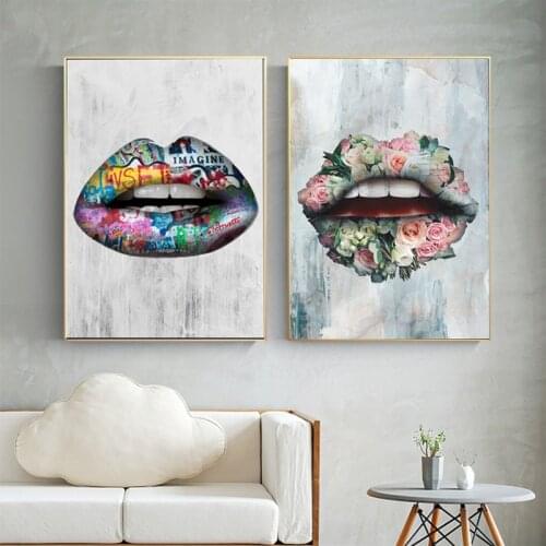 Abstract Lips Flowers Poster Colorful Scandinavian Nordic Posters Wall Art Pictures For Living Room Home Decor Canvas Painting