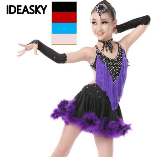 Child kid children professional latin dance dress for girls Modern Waltz tango Cha Cha kids ballroom competition dresses feather