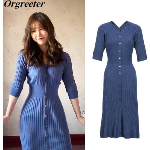 Elegant V Neck Short Sleeve Single Breasted Knit Dress for Women One Piece High Waist Slim Fit Sweater Dress Vestidos Feminino