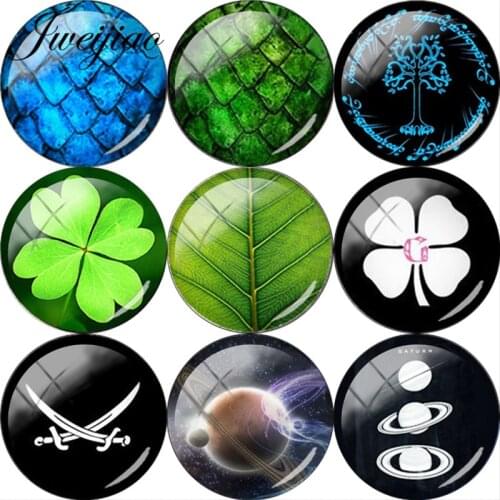 JWEIJIAO 5pcs Life Of Tree Four-leaf Clover DIY Glass Cabochon Dome Green Leaf Moon Beads Demo Flat Back Making Findings