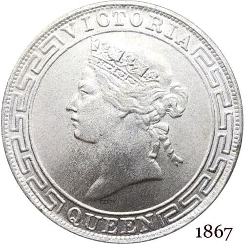 China Hong Kong Coins 1867 1/2 Half Dollar Victoria Queen Crowend Bust Facing Left Cupronickel plated Silver Copy Coin