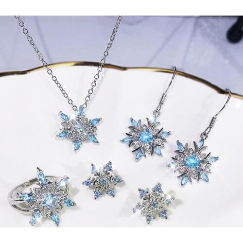925 Silver Wedding Jewelry Sets For Women Flower Shape Stud Blue Zircon Snowflake Drop Earrings Necklace Pendant Ring Gift