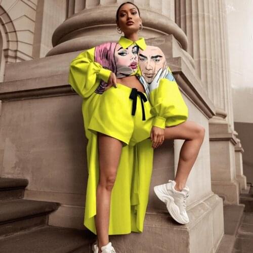 2 Piece Outfits Long Blouse Tops And Short Two Piece Set Women Suit 2021 Spring New Cartoon Print Lantern Sleeve Streetwear Sets