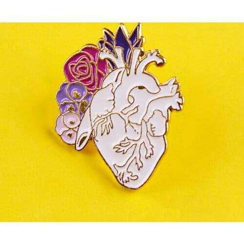 Cartoon Human Organs Metal Pins Creative Rose Flower Silver Heart Pin Heart Custom Jewelry Knapsack Jacket Fashion Badge Gift