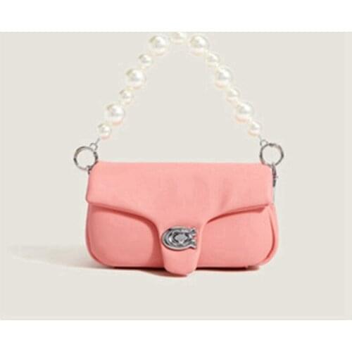 Fashion Pearl Chain Soft PU Leather Bag Womens Shoulder Pink Bag 2021 Trend Lock Purses and Handbags Ladies Hand Bags Totes