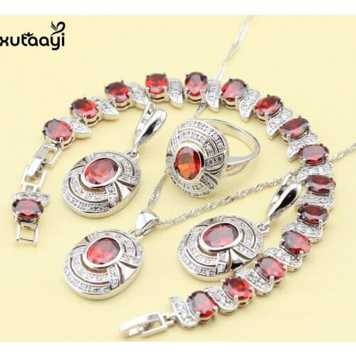 XUTAAYI 4PCS Top Quality Silver Color Jewelry Sets For women Red Created Garnet Classy Wedding Necklace/Rings/Earrings/Bracelet