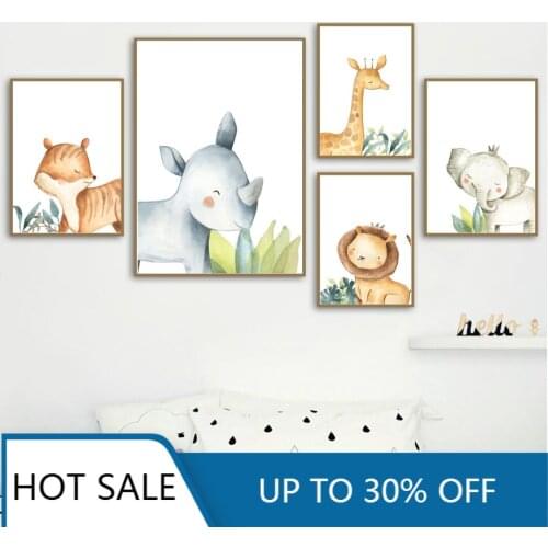 Cute Fox Rhinoceros Giraffe Elephant Plant Wall Art Canvas Painting Nordic Posters And Prints Pictures Baby Kids Room Decoration