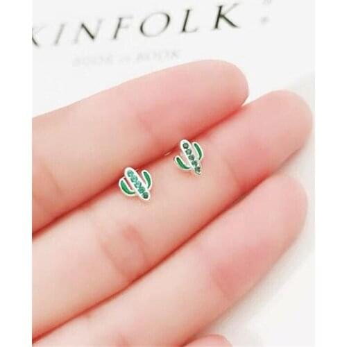 New Style Mini Summer Fresh Creative Cactus Silver Plated Jewelry Not Allergic Green Epoxy Crystal Stud Earrings Best Gift