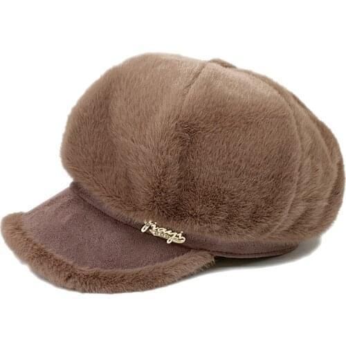 Autumn Winter Women Newsboy Cap Casquette Femme Faux Rabbit Fur Plush Korea Octagonal Baseball Cap Beret Femme Hat
