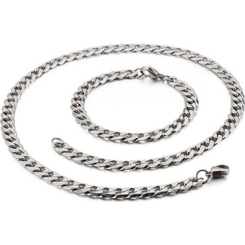 Manufacturer Direct Selling Mens Stainless Steel Cuba Necklace Chain Link Bracelet Set Hip Hop Couple Necklace Lovers Bracelets