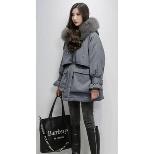 Pai overcome womens mid-length large pockets 2021 new down padded jacket loose and thick large fur collar warm cotton jacket