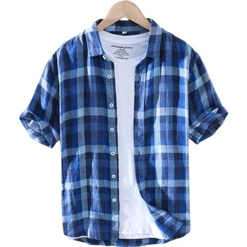 Plaid Shirt For Men Short Sleeve Casual Tops 95% Linen Turn-down Collar Vintage Clothes Male Summer New