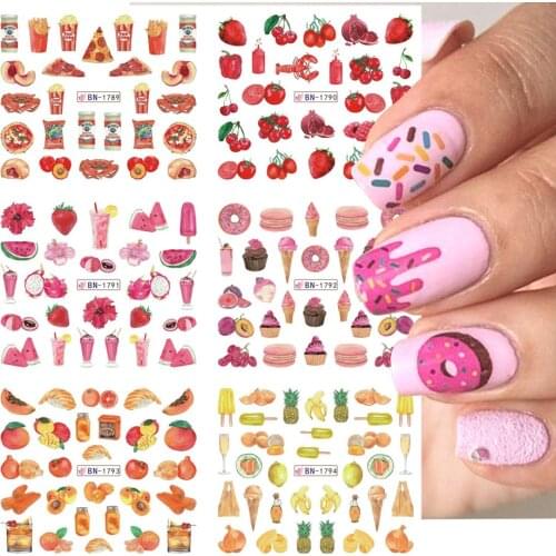 12x Yummy Fruit Food Water Decal Nail Stickers Ice Cream Blueberry Transfer Sliders For Nails Summer Manicure Tips BEBN1789-1800