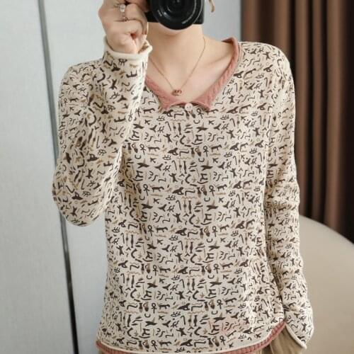 100% Cotton Animal Design Knit Sweater Womens V-Neck Pullover Bottoming Pure Cotton Sweater Early Autumn New Autumn Clothes