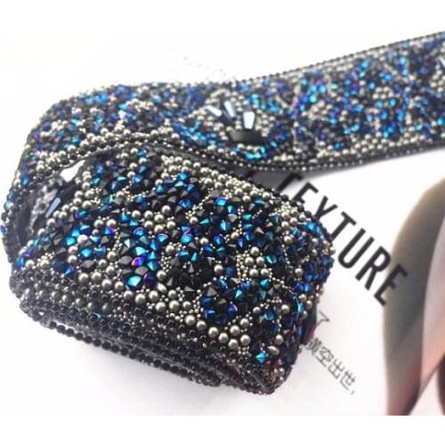 Dark Blue Gemstone Lace Trim Hot Drilling Lace Clothing Accessories DIY Sewing Rhinestone Beaded Chain Ribbon DIY Lace Applique