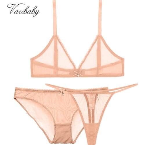 Varsbaby sexy panties transparent underwear breathable yarn see-through 3 piece 1bra+1panties+1tong bra set