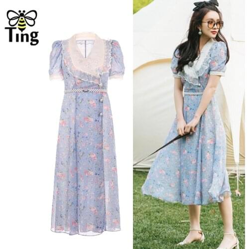 Tingfly Vintage Elegant Floral Peter Pan Collar Midi Long Dress Retro Puff Short Sleeve Boho Vacation Dress Trendy Clothes Traf