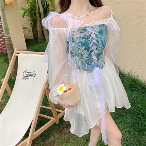 Vintage Elegant Party Floral Crop Tops Women Bandage Y2k Sexy Korean Bustiers Crop Summer Lace Boho Beach Strap With Corset 2021