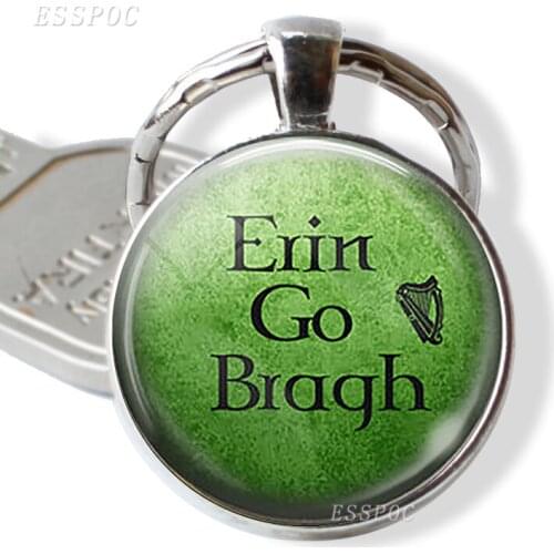 Erin Go Bragh Key Chain Glass Cabochon Literary St. Patricks Day Vintage Irish Jewelry Car Key Ring