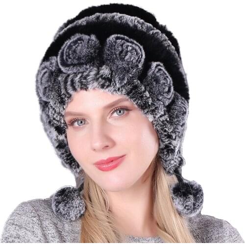 Real Rex Rabbit Fur Hats Women Winter Warm Beanie Earmuffs Cap With Pompom Handmade Fluffy Soft