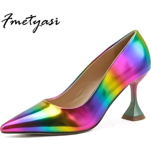 Women Heels Stiletto Sandals 2021 New PU Rainbow Colors Party Slip-on Shallow Wine Glass Heel Pointed Toe Height Increasing