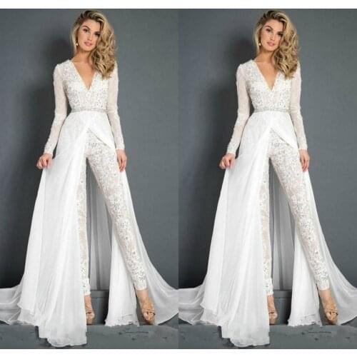2019 White Wedding Dresses Lace Jumpsuit With Detachable Chiffon Train V Neck Appliques Beads Long Sleeve Belt Bridal Gowns