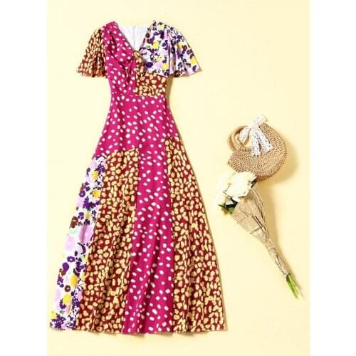 2021 Summer Fashion Long Dress High Quality Cotton Women V-Neck Sunflower Prints Flare Sleeve Casual Beach Long Maxi Dress Sun