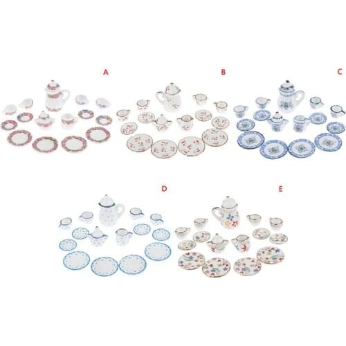 1:12 Miniature Porcelain Tea Cup Set Chintz Flower Tableware Kitchen Dollhouse 17pcs/set