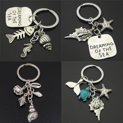 1pc Blue Turtle Charms Starfish Conch Fish Tail Keychains With Shell Charms Beach Keyring Summer Jewelry