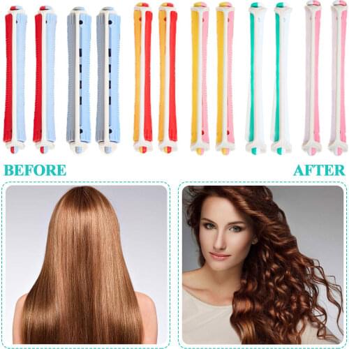 12PCS Plastic Hair Curler Roller Long Cold Wave Perm Rods with Rubber Bands for Home Beauty Salon Hair Styling Tools 9x1.3cm