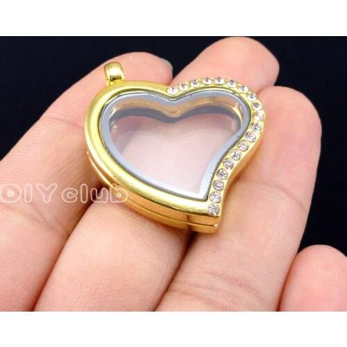 2pcs-Gold Heart Shape Floating Locket with Rhinestone, Glass locket pendant, Memory Lockets for necklace 31x29mm