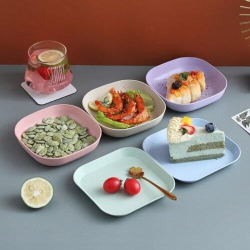 7Pcs Square Wheat Straw Plates Salad Bowl Reusable Food Serving Dishes with Rack