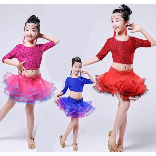 2 PCS/SET Lace Children Latin Dance Costumes Suit Girl Latin Dance Practice Wear Children Ballroom Dancing Performance Dresses