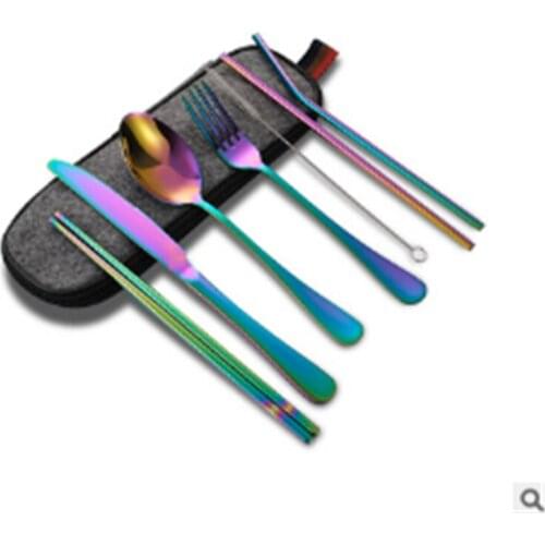 7Pcs Stainless Steel Travel Tableware Suit Can Be Repeated Use Knife Fork Spoon Chopsticks A Straw Portable Cutlery Box Cutlery