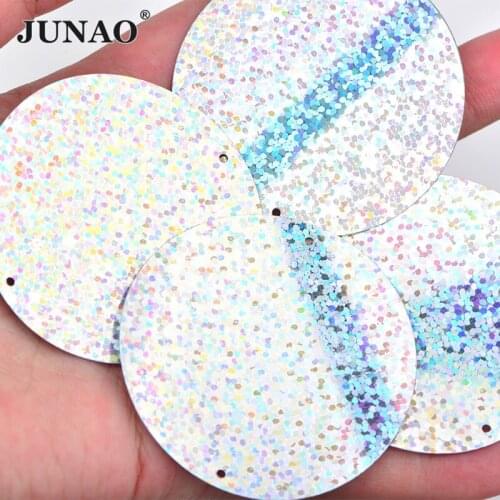JUNAO 100g 50mm Laser Silver Big Round Sequins Paillettes Glitter Loose Sequins Large Sequins for Sewing Dress Handcraft