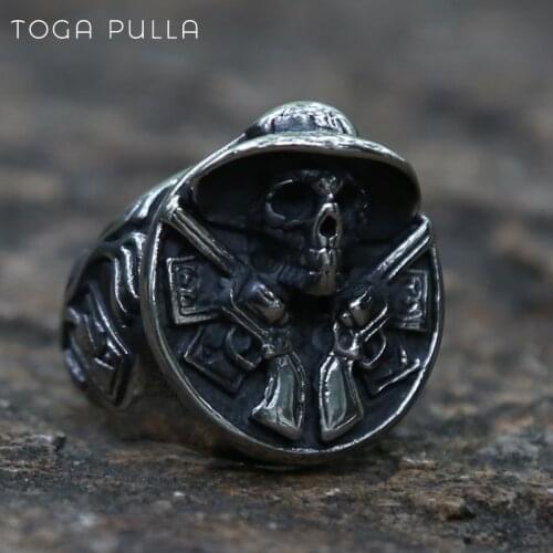 Vintage Huge Fashion Boys Mens Skull Rings Heavy 316L Stainless Steel Punk Gothic Double Guns Skull Big Ring Male Biker Jewelry