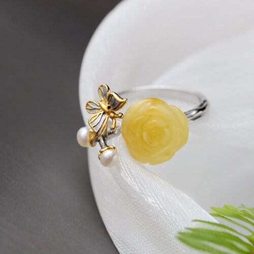Authentic 925 Sterling Silver Opening Rings Inlaid Natural Amber National Style Stereoscopic Flower Butterfly Fashion Lady Ring