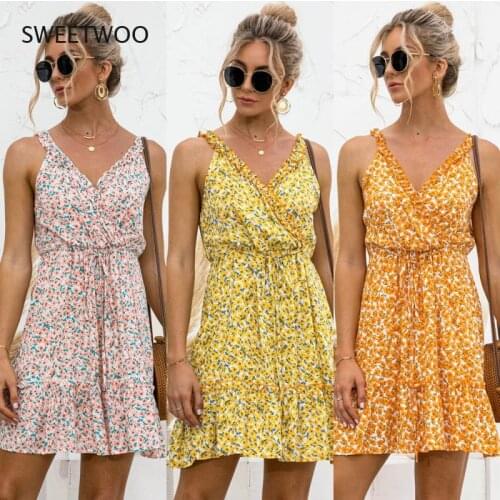 Summer Dress Women Clothing Boho Floral Print Sleeveless Lace-Up Mini Dresses V-Neck Ruffle Dress for Women Vestidos Femme Robes